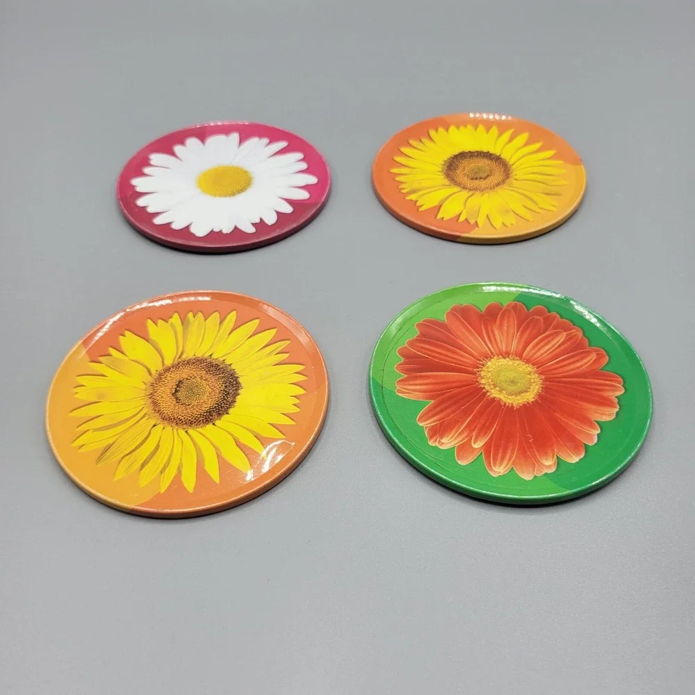 4 Piece Tin Decorative Coaster Set Boho Floral Print Table Decor Summer Fun